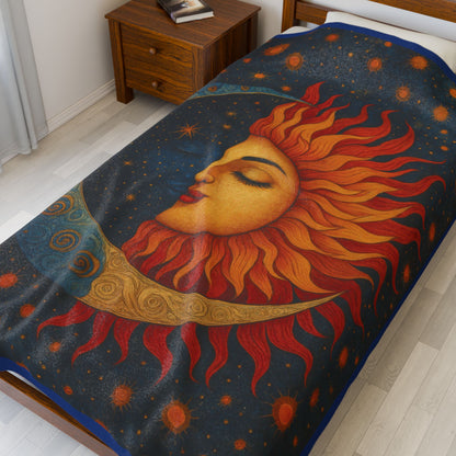 Sun and Moon Velveteen Plush Blanket, Celestial Cosmic Throw Blanket, Boho Astrology Home Decor, Cozy Spiritual Gift for Star Lovers