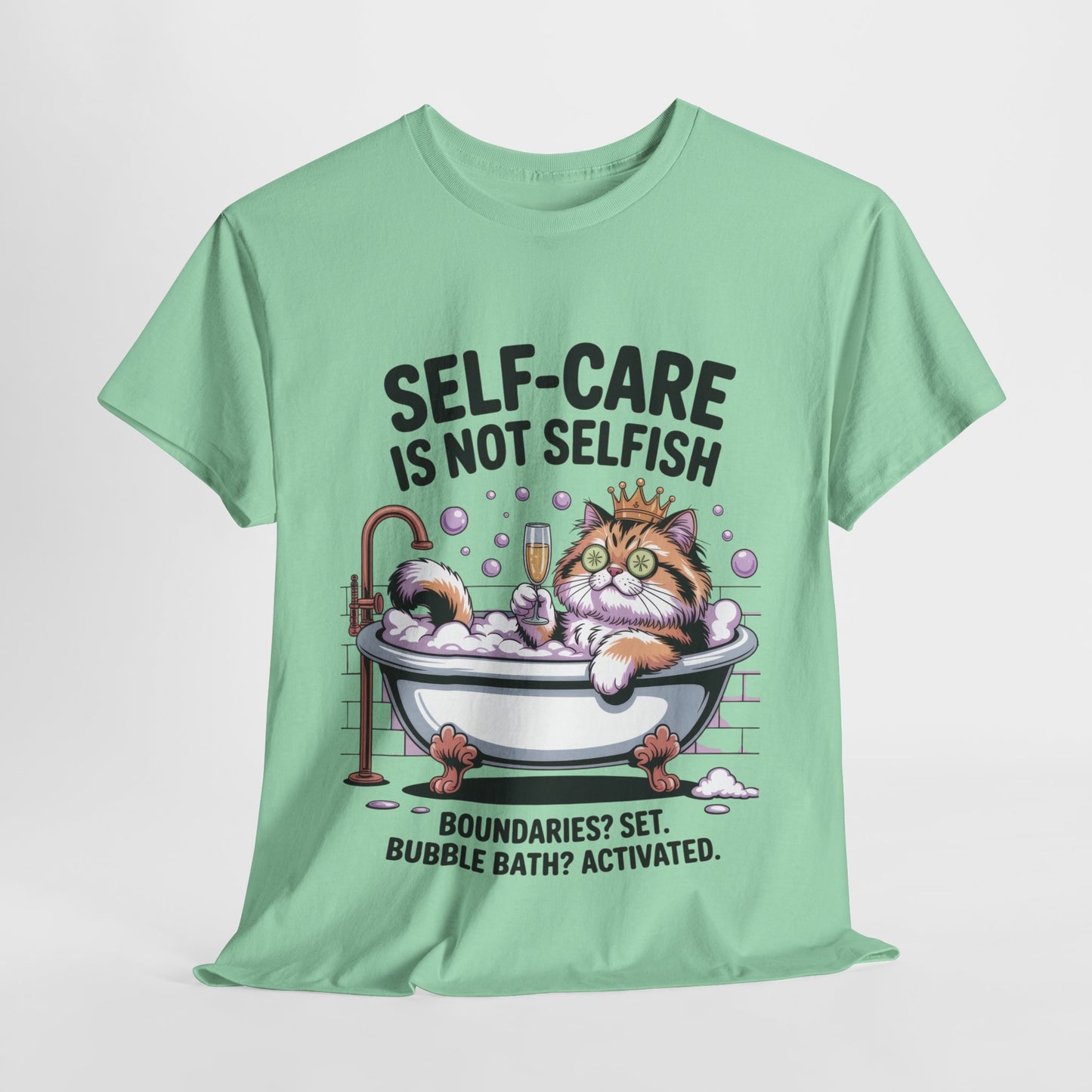 Womens Heavy Cotton Tee, Self-Care Cat Shirt, Funny Cat Bubble Bath Tee, Relaxing Kitty Graphic, Self Care Is Not Selfish Womens T-Shirt