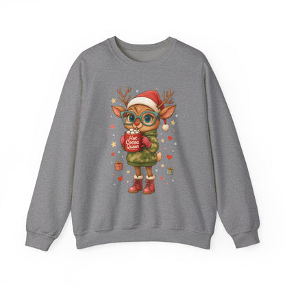 Hot Cocoa Queen Christmas Sweatshirt, Cute Cozy Holiday Reindeer Pullover
