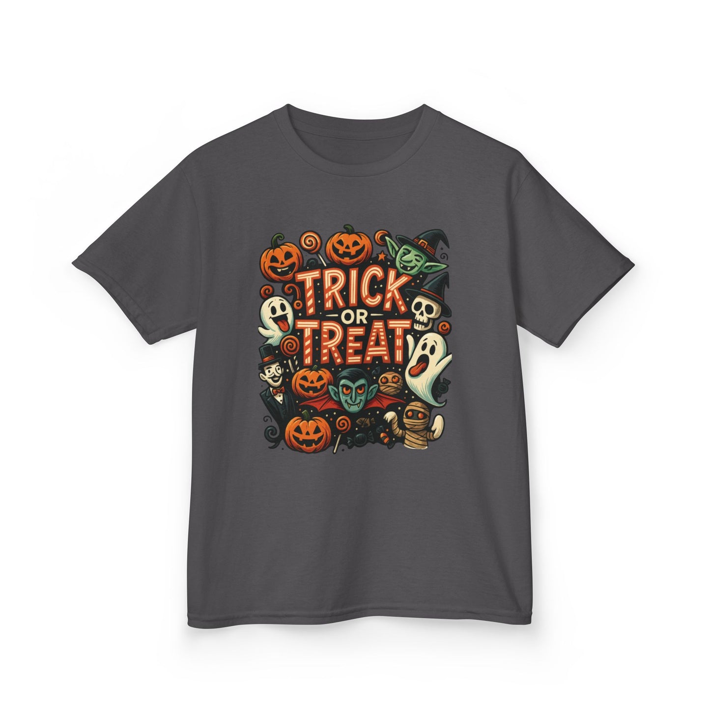 Kids Trick or Treat T-Shirt, Halloween Graphic Tee with Pumpkins, Ghosts & Vampires, Fun Spooky Shirt for Children