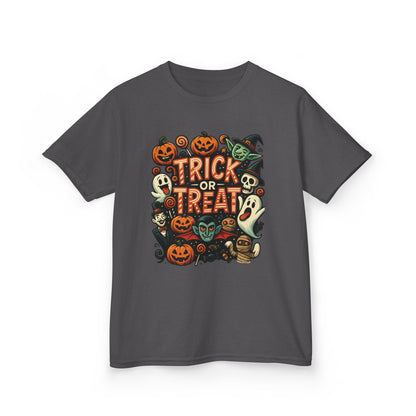 Kids Trick or Treat T-Shirt, Halloween Graphic Tee with Pumpkins, Ghosts & Vampires, Fun Spooky Shirt for Children