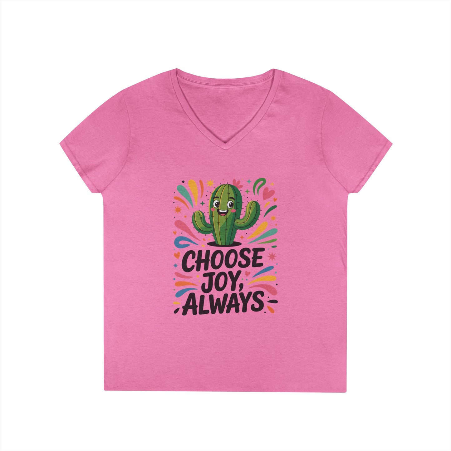 Choose Joy Cactus Ladies' V-Neck T-Shirt, Positive Vibe Shirt, Gift for Her, Summer Casual Tee, Inspirational Wear, Cute Graphic Top