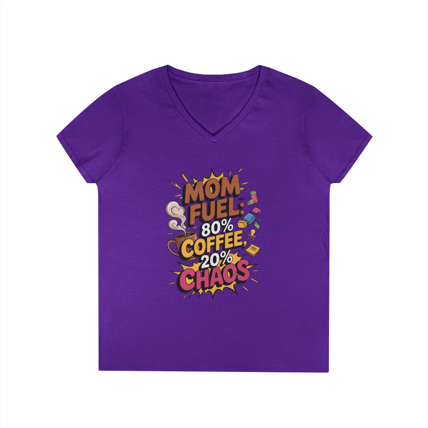 Mom Fuel V-Neck T-Shirt, Funny Gift for Moms, Coffee Lovers, Mother's Day, Everyday Humor, Tired Mom Life Tee, Coffee Loving Moms