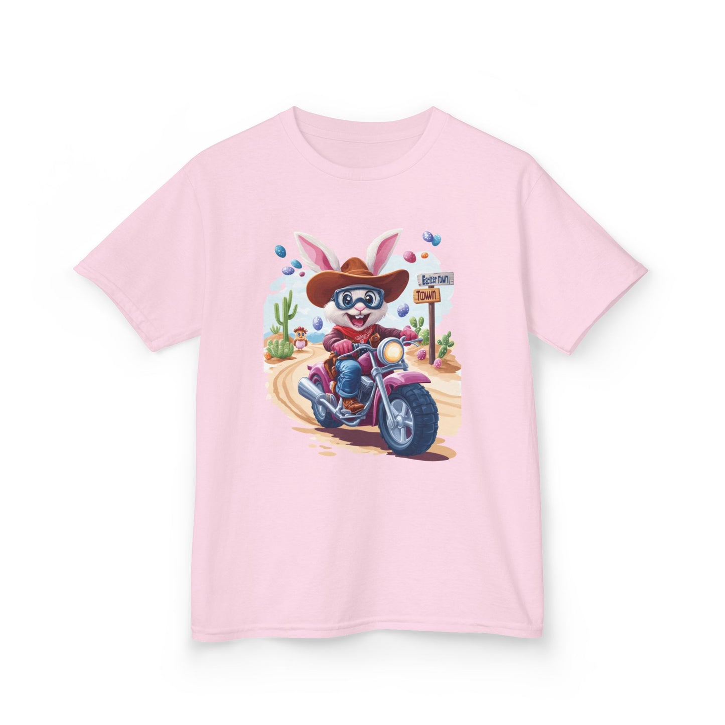 Biker Bunny Kids Tee - Fun Easter Shirt for Boys & Girls, Cute Spring Outfit with Motorcycle Rabbit Heavy Cotton Toddler T-Shirt Bunny Rider