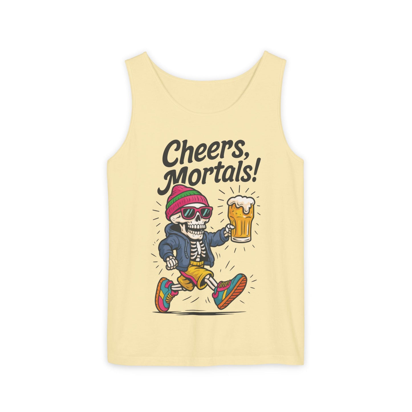 Cheers Mortals! Mens Tank Top, Funny Skeleton Beer Graphic Tee, Drinking Humor Shirt, Party Gift for Him, Halloween Tank,  Beer Lovers Gift