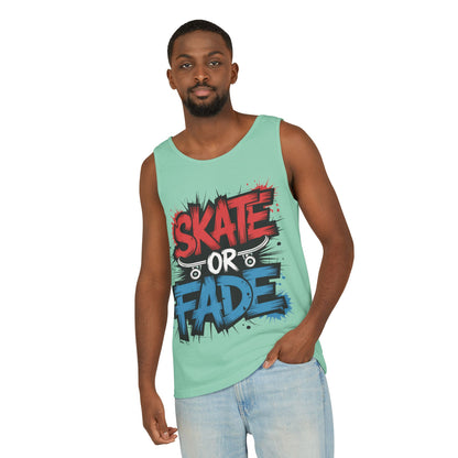 Skate Or Fade Men's Tank Top, Graffiti Skateboard Graphic Muscle Shirt, Urban Streetwear Sleeveless Top, Men's Garment-Dyed Tank Top