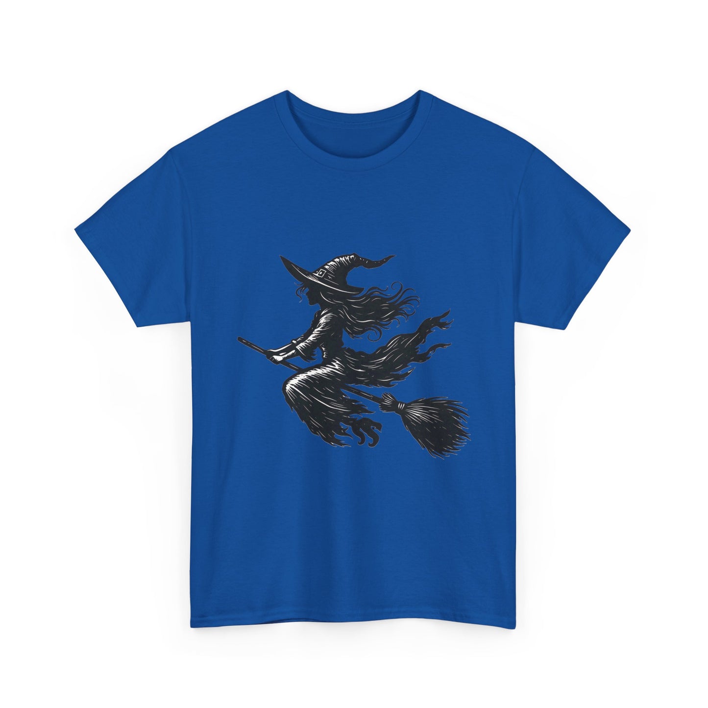Flying Witch Silhouette Halloween T-Shirt for Women, Vintage Witch on Broom Tee, Spooky Gothic Fall Shirt, Minimal Black Witch Top