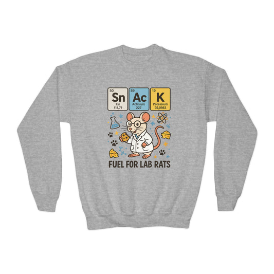 Youth Crewneck Sweatshirt - Fuel for Lab Rats, Cute Science Gift, Adorable Sweatshirt for Kids, Science Enthusiasts, Lab Rat Love