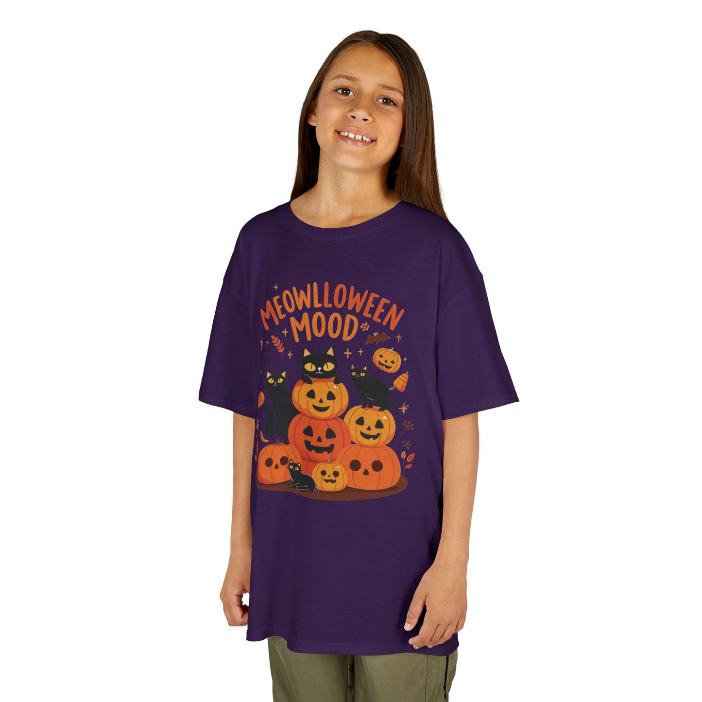 Meowlloween Mood Kids Shirt, Cute Black Cat Halloween T-Shirt for Girls and Boys, Funny Pumpkin Cat Tee, Cozy Fall Cat Lover Gift
