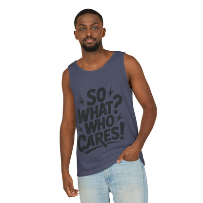 Mens Tank Top, "So What? Who Cares!", Casual Summer Wear, Beach Trip, Festival Outfit, Lightning Print, Sarcastic Summer Tee, Gym Tank