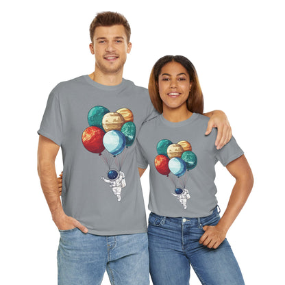 Astronaut with Planet Balloons T-Shirt, Space Lover Unisex Tee, Outer Space Graphic Shirt, Space Theme Shirt, Cosmic Adventure Top