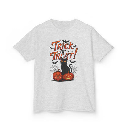 Cute Trick or Treat Black Cat T-Shirt for Girls Boys, Fun Spooky Halloween Tee, Pumpkin Cat Shirt for Kids, Fall Party Outfit