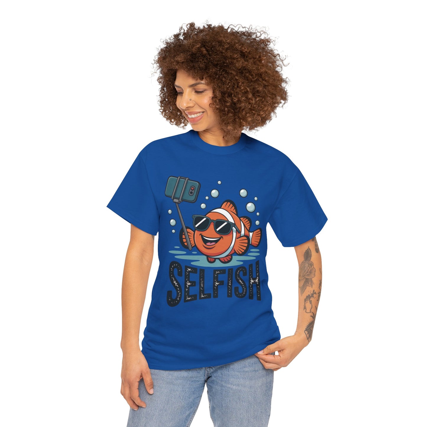 Unisex Heavy Cotton Tee, Mens Selfish Funny Fish T-Shirt, Cute Selfie Graphic Tee, Ocean Humor Shirt