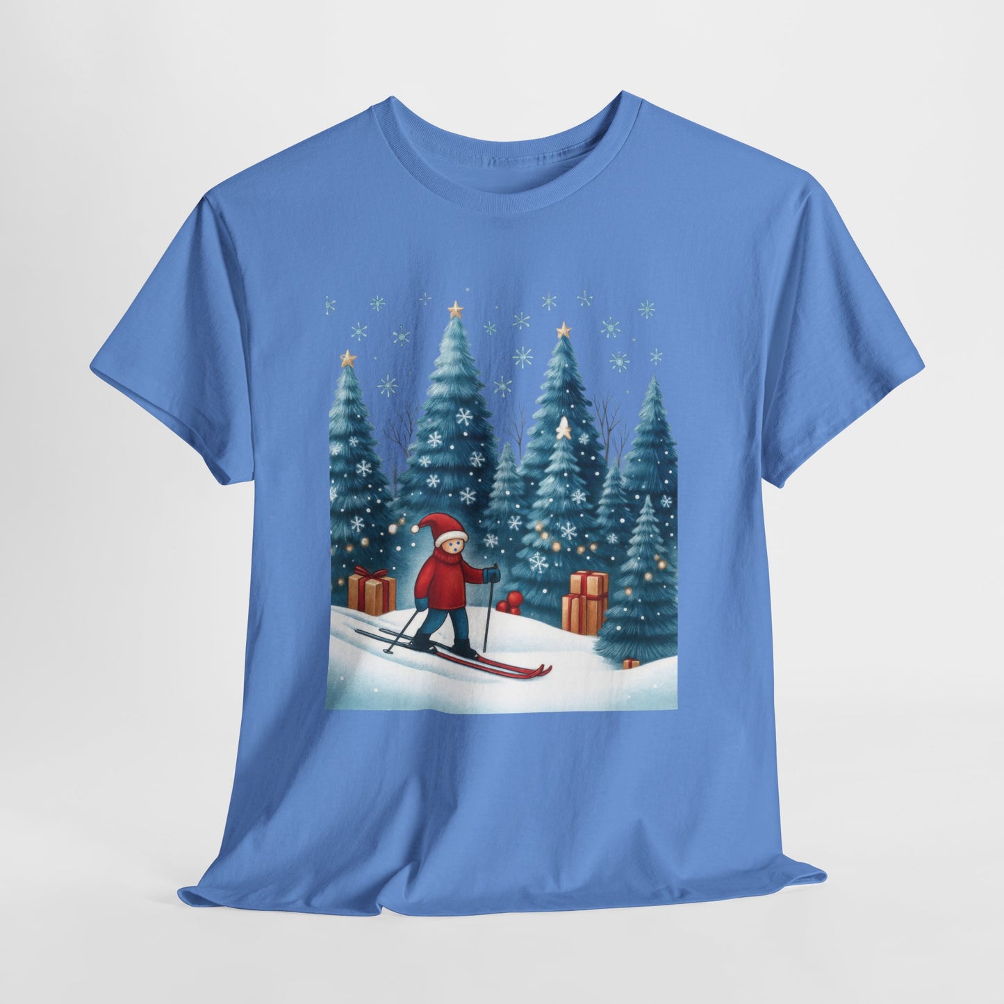 Womens Cute Winter Holiday Graphic Tee, Christmas Skiing T-Shirt, Women's Heavy Cotton Tee