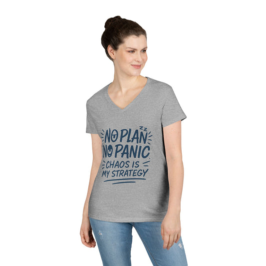 Ladies' V-Neck T-Shirt - "No Plan No Panic" Casual Tee, Everyday Wear, Gift for Friends, Relaxed Style, Funny Motivational Top