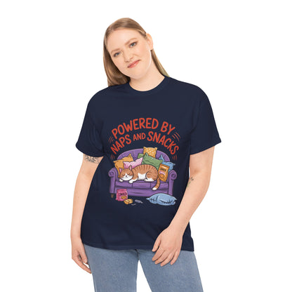 Powered by Naps and Snacks Cat T-Shirt, Funny Lazy Cat Lover Womens Tee, Cute Humor Shirt, Cozy Gift for Her, Cozy Cat Lover T-Shirt