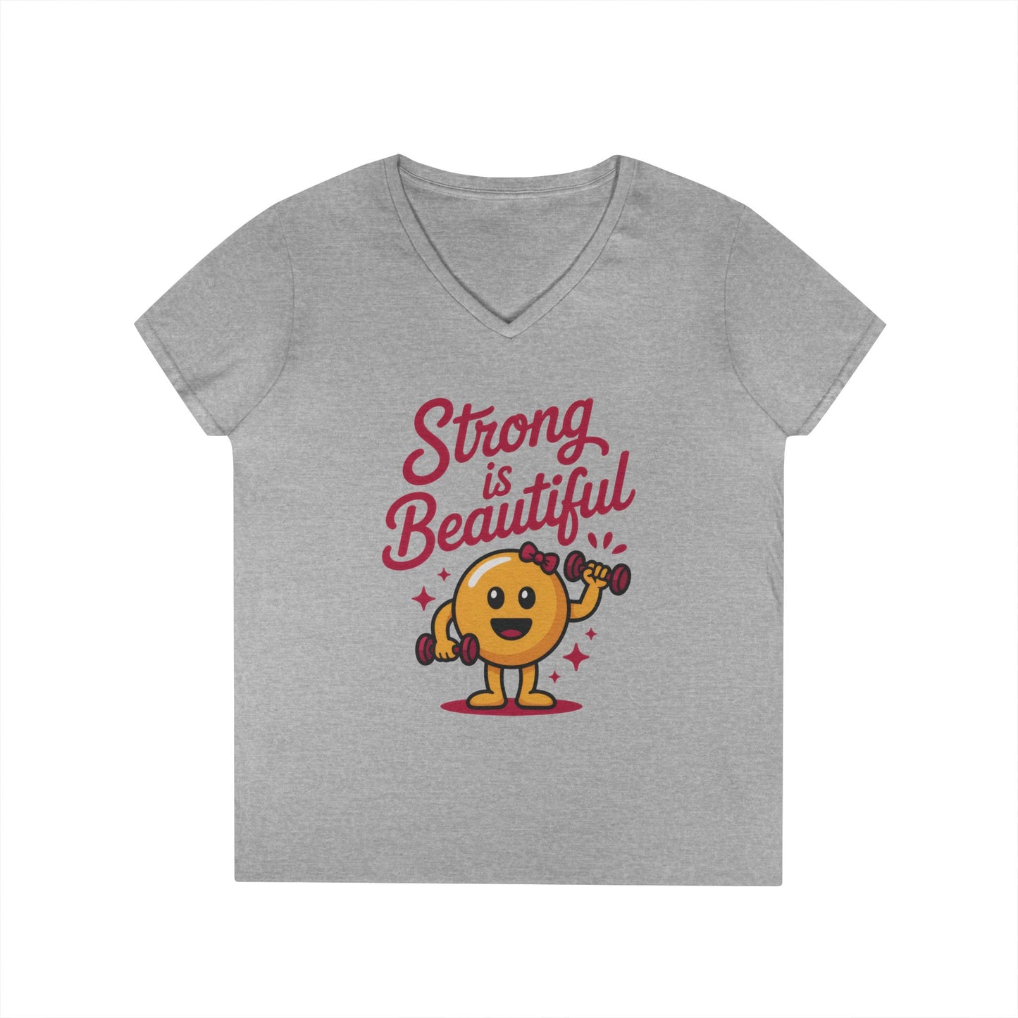 Ladies' V-Neck T-Shirt, Strong is Beautiful Womens Tee, Cute Fitness Character Tee, Inspirational Workout Shirt, Gym Motivation Gift for Her