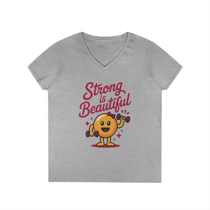 Ladies' V-Neck T-Shirt, Strong is Beautiful Womens Tee, Cute Fitness Character Tee, Inspirational Workout Shirt, Gym Motivation Gift for Her