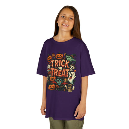 Kids Trick or Treat T-Shirt, Halloween Graphic Tee with Pumpkins, Ghosts & Vampires, Fun Spooky Shirt for Children