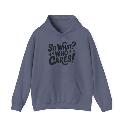 So What? Who Cares! Funny Mens Hoodie, Bold Statement Design, Lightning Graphic Pullover, Rebellious Urban Humor, Funny Streetwear