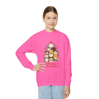 Youth Meowy Christmas Cat Sweatshirt, Cute Holiday Kitty Jumper