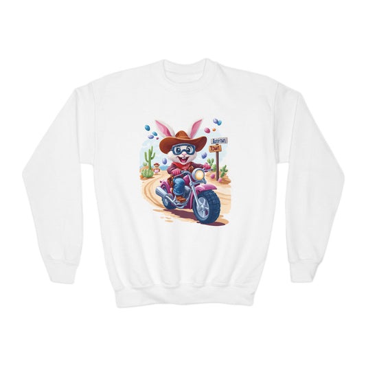 Biker Bunny Youth Sweatshirt - Fun Easter Bunny Riding Motorcycle, Cute Spring Gift for Kids, Playful Holiday Crewneck for Boys & Girls