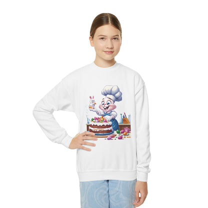 Hoppy Baker Easter Bunny Youth Sweatshirt - Cute Spring Crewneck for Kids with Chef Bunny and Cake, Fun Holiday Gift for Easter Lovers