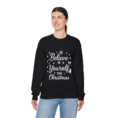 Women's Believe in the Magic Christmas Sweatshirt, Cozy Holiday Santa Hat Pullover, Women's Heavy Blend™ Crewneck Sweatshirt