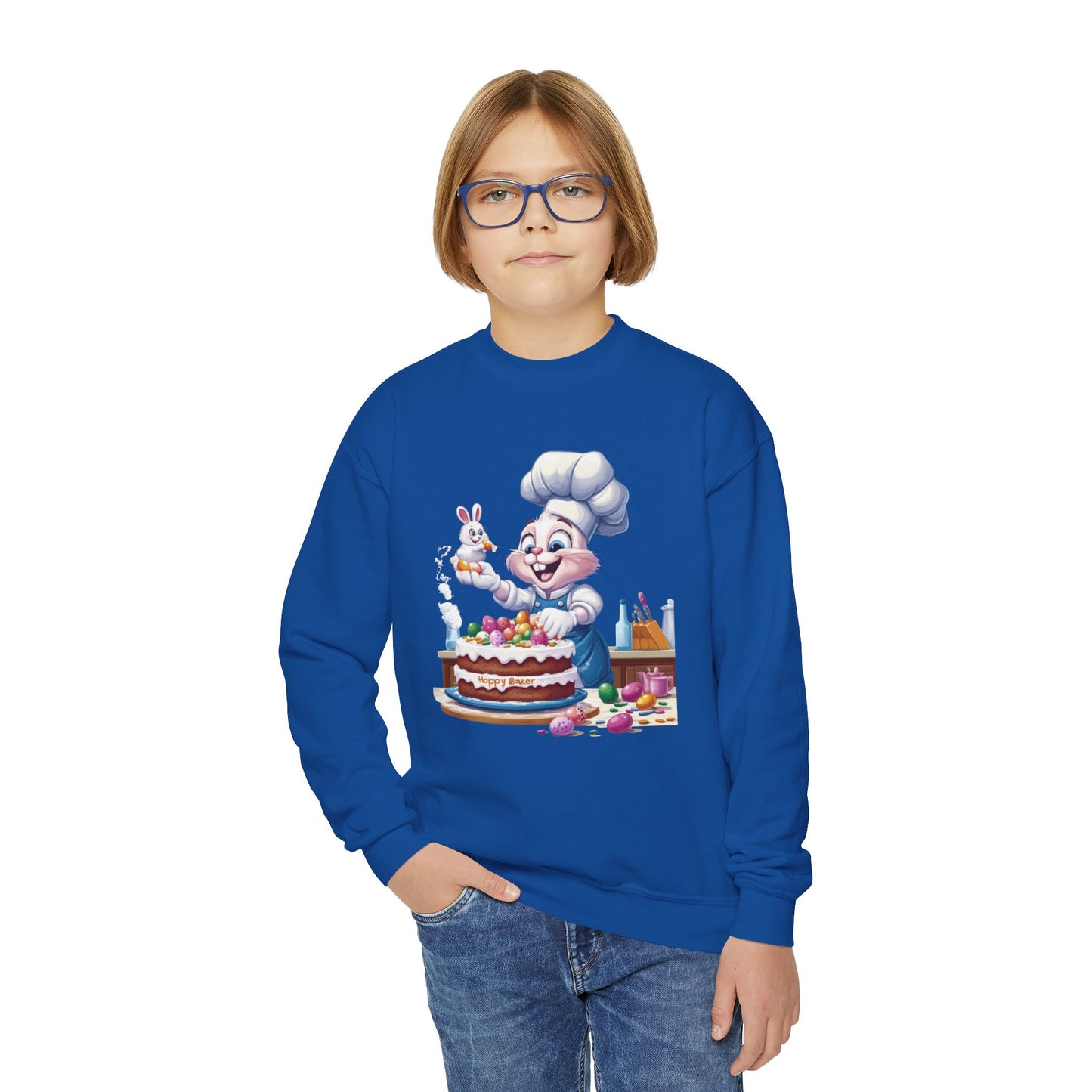 Hoppy Baker Easter Bunny Youth Sweatshirt - Cute Spring Crewneck for Kids with Chef Bunny and Cake, Fun Holiday Gift for Easter Lovers