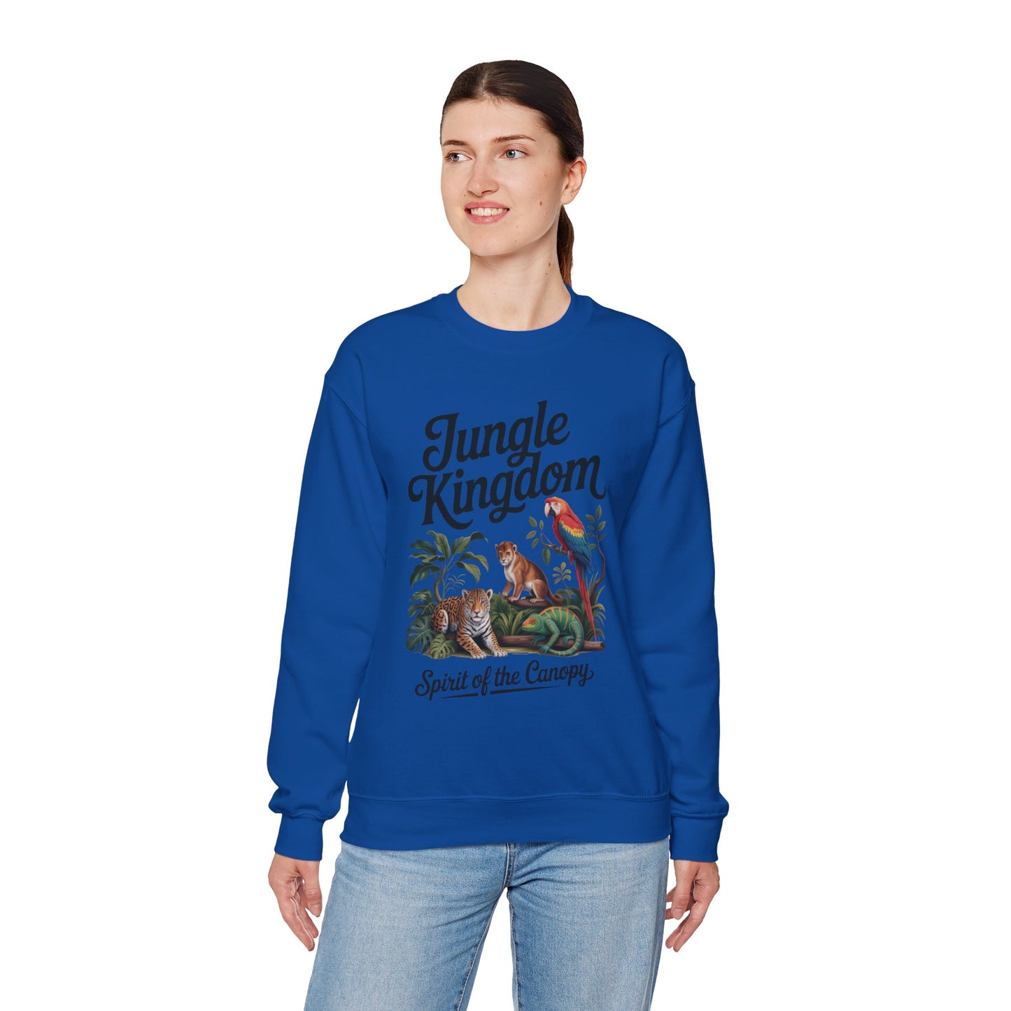 Jungle Kingdom Womens Sweatshirt, Cozy Jungle Crewneck, Nature Lover Gift, Wildlife Artwork, Eco-Conscious Apparel, Animal Enthusiast Clothing