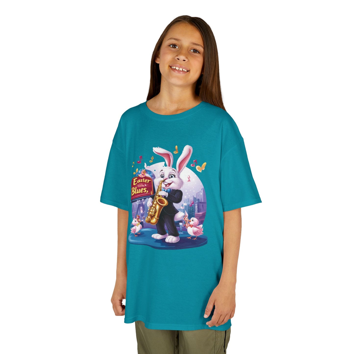 Easter Blues Bunny Kids T-Shirt - Cute Jazz Music Themed Tee for Boys and Girls, Fun Spring Gift, Bunny Playing Saxophone Design