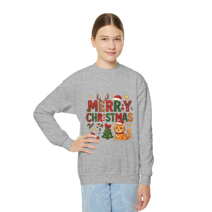 Merry Christmas Cat Sweatshirt for Girls, Cozy Holiday Kitten Jumper, Youth Crewneck Sweatshirt
