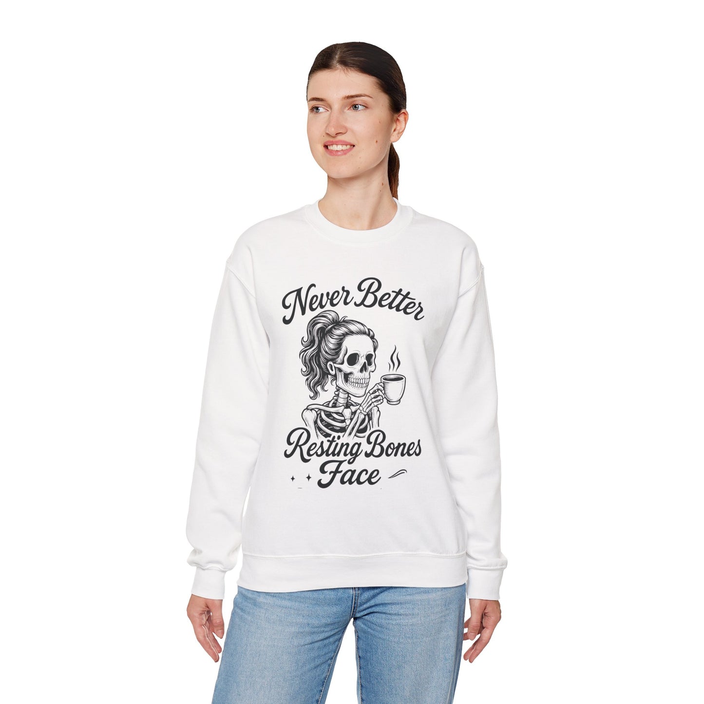 Skull Coffee Lovers Crewneck Sweatshirt, Womens, Perfect for Halloween, Cozy Outfit, Gift for Friends, Relaxing Days, Coffee Enthusiasts