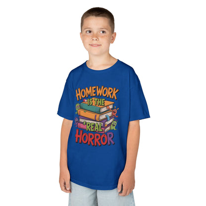 Kids Funny Homework Tee, Cute Monster School Shirt, Homework Is the Real Horror, Back to School Gift for Boys & Girls, Kids Halloween Tee