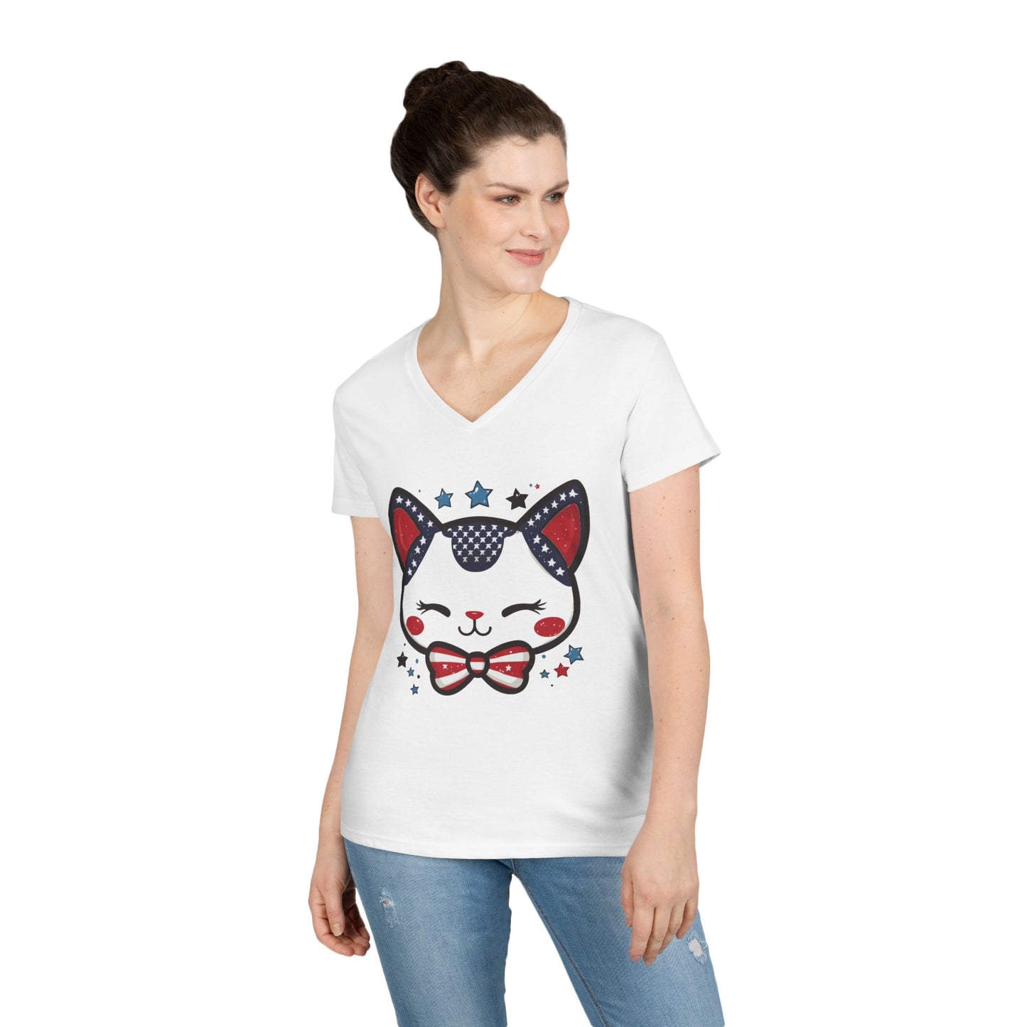 Cute Patriotic  V-Neck T-Shirt, Women's Graphic Tee, Perfect for Cat Lovers, Perfect for Holidays and Fourth of July Celebrations