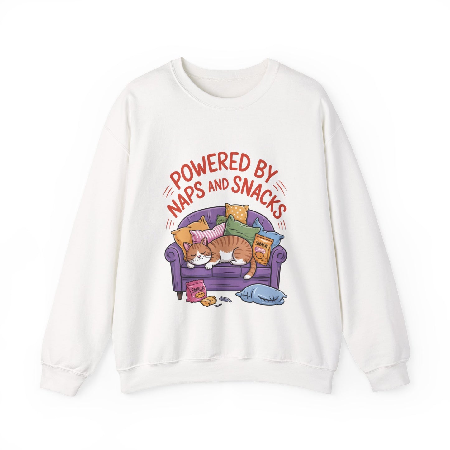 Powered by Naps and Snacks Sweatshirt, Cozy Lounge Crewneck, Gifts for Cat Lovers, Funny Cat Sweatshirt, Casual Everyday Wear