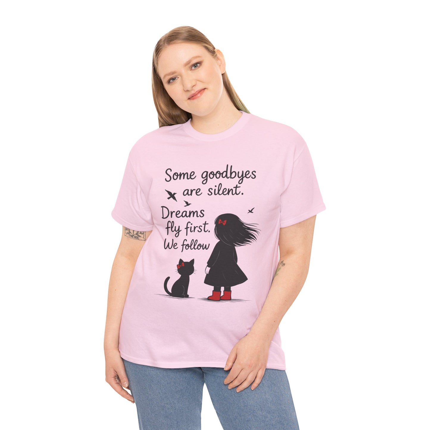 Emotional Hand Drawn Womens T-Shirt, Minimalist Red Dress Girl and Cat Graphic Tee, Cat Lover Gift