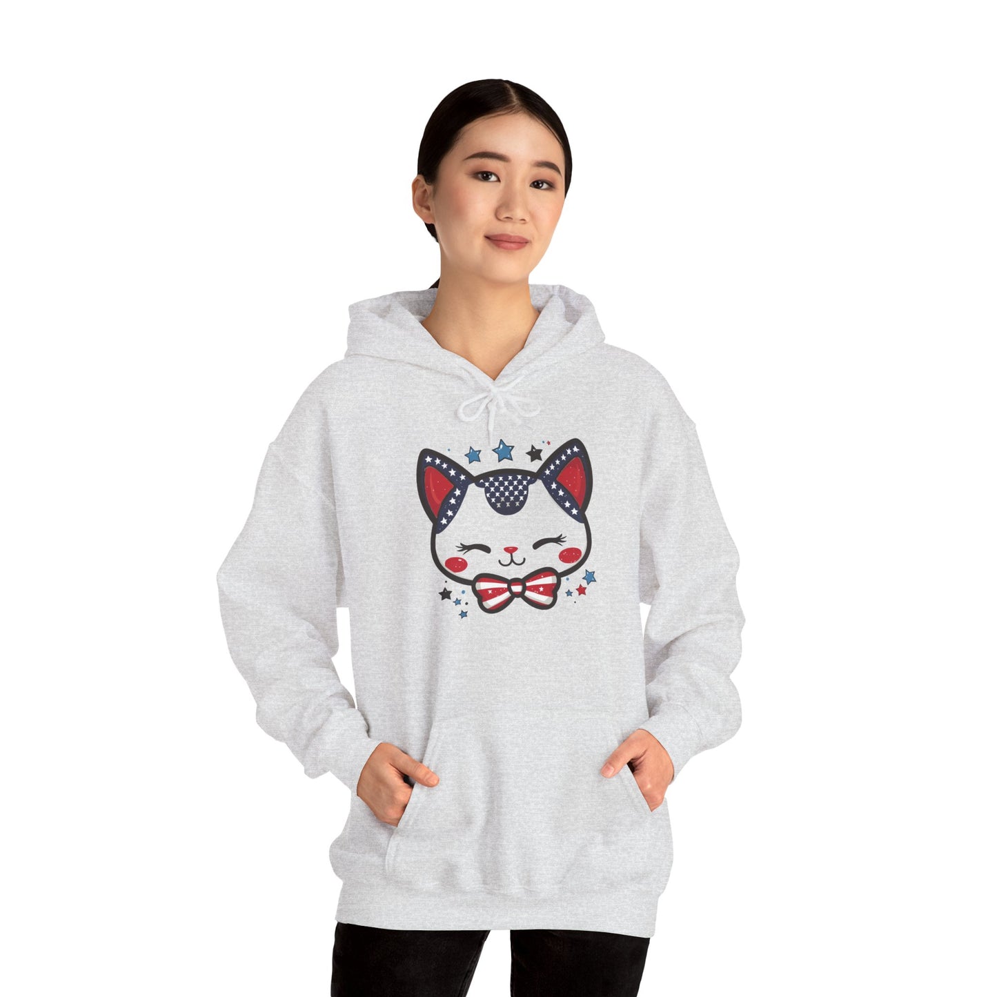 Cute Patriotic Cat -Themed Women's Hoodie, for Cat Lovers, Cute Gift for Pet Owners, Cozy Sweatshirt for All Seasons, Fourth of July Hoodie