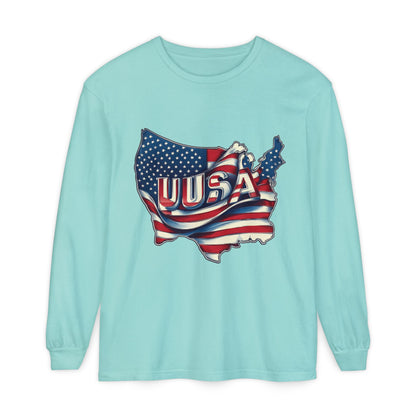 USA Flag Long Sleeve Tee, Unisex Garment-Dyed Shirt, Patriotic Top, All-American Apparel, Independence Day Style, Comfortable Casual Wear