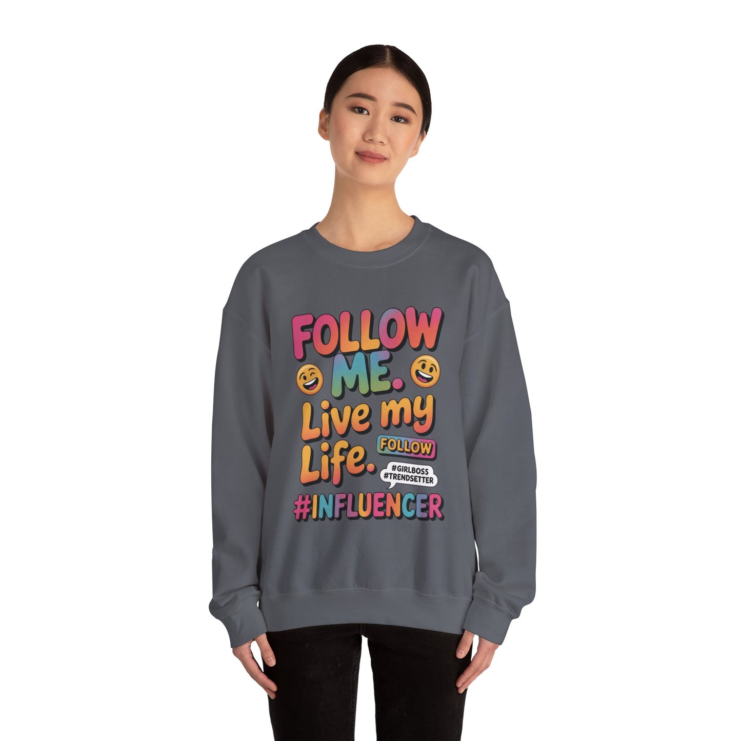 Womens Heavy Blend™ Crewneck Sweatshirt, Influencer Sweatshirt, Colorful Follow Me Live My Life Graphic Sweatshirt, Trendy GirlBoss Outfit