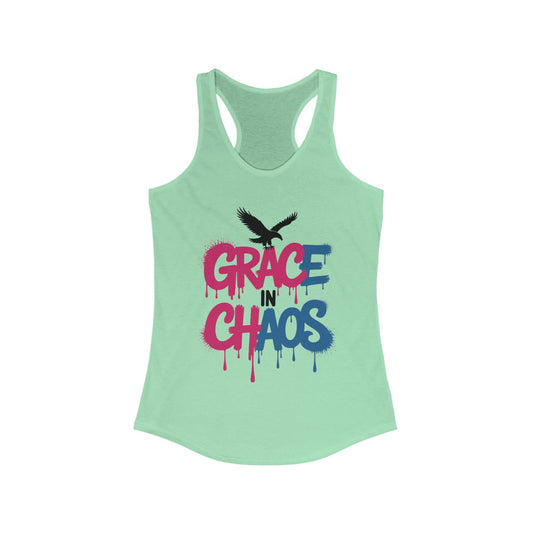 Women's Tank Top Grace in Chaos, Graffiti Dripping Street Art Bold Graphic Summer Shirt ,Women's Ideal Racerback Tank