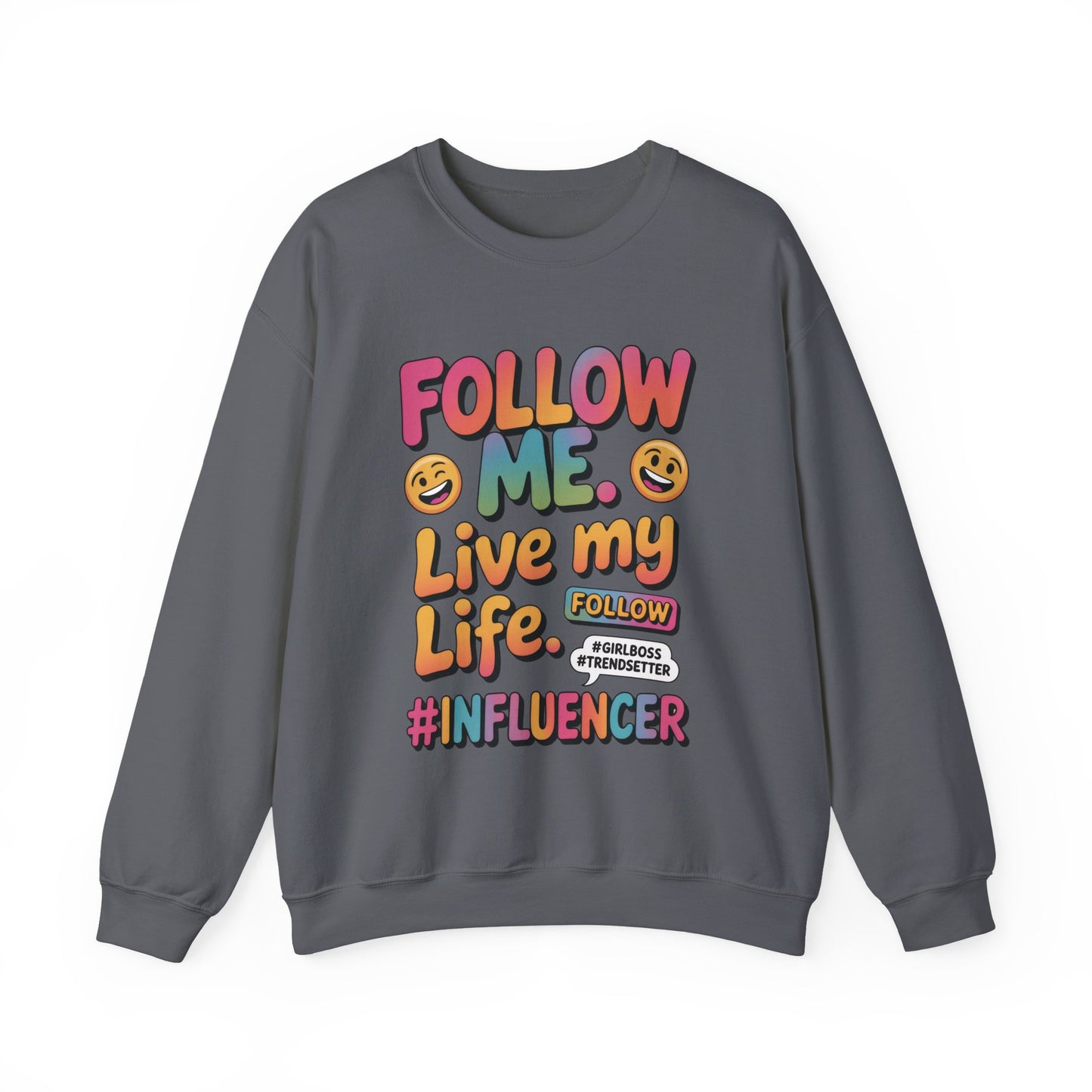 Womens Heavy Blend™ Crewneck Sweatshirt, Influencer Sweatshirt, Colorful Follow Me Live My Life Graphic Sweatshirt, Trendy GirlBoss Outfit