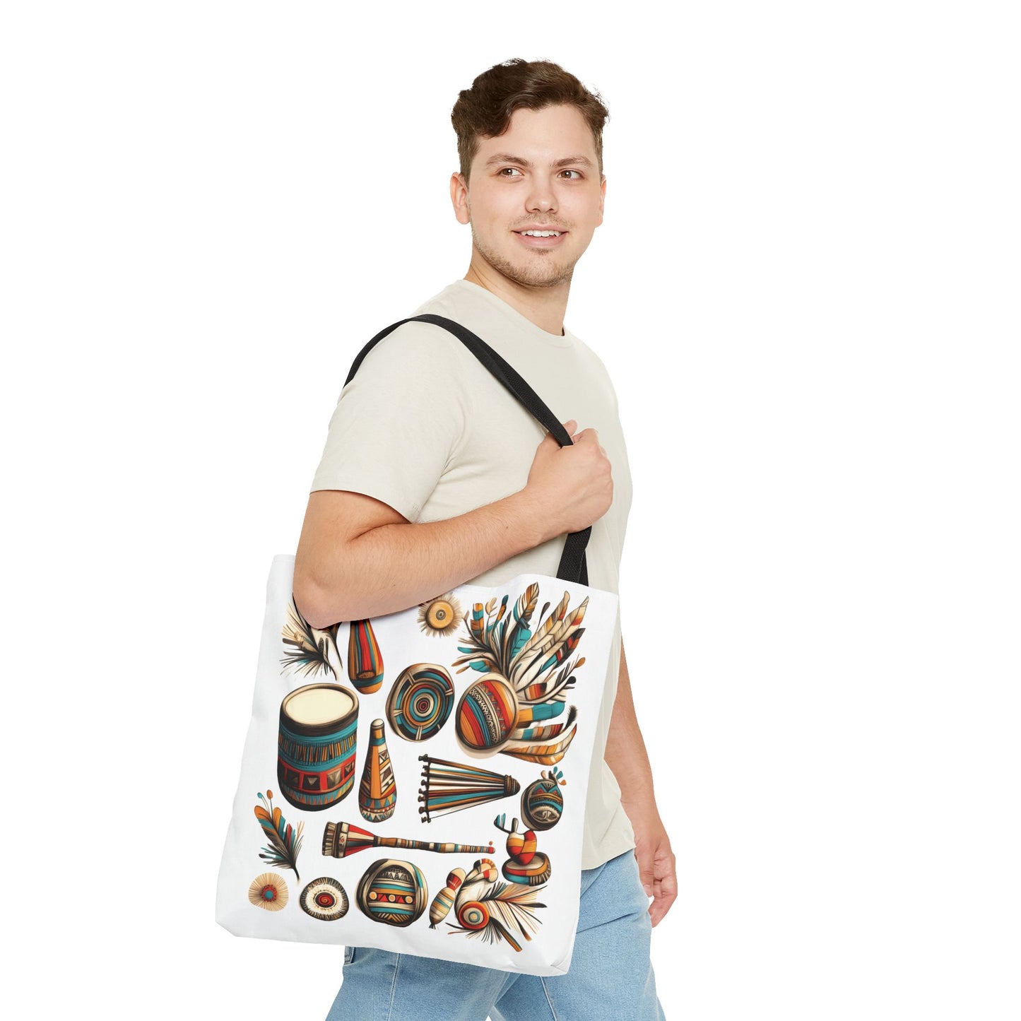 Boho Tribal Music Tote Bag, Ethnic Percussion Instrument Art, Festival Vibes, Shopping Bag, Bohemian Tote, Weekender Bag, Beach Bag, Large Canvas Bag