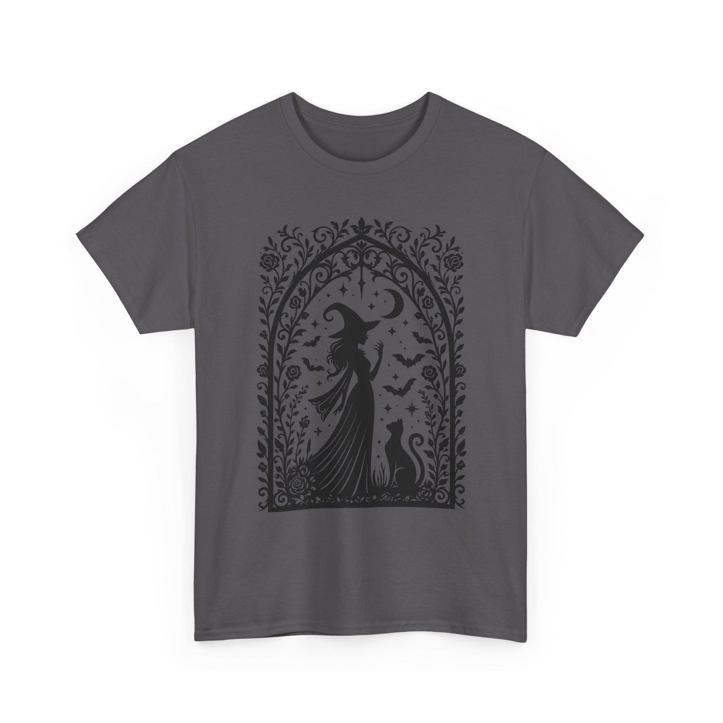 Gothic Witch & Cat Women's T-Shirt, Elegant Halloween Moon Silhouette Witchy Graphic Tee