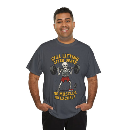 Funny Skeleton Gym T-Shirt, Still Lifting After Death, Funny Workout Shirt for Men, Fitness Gift, Halloween Apparel, Unisex Cotton Tee