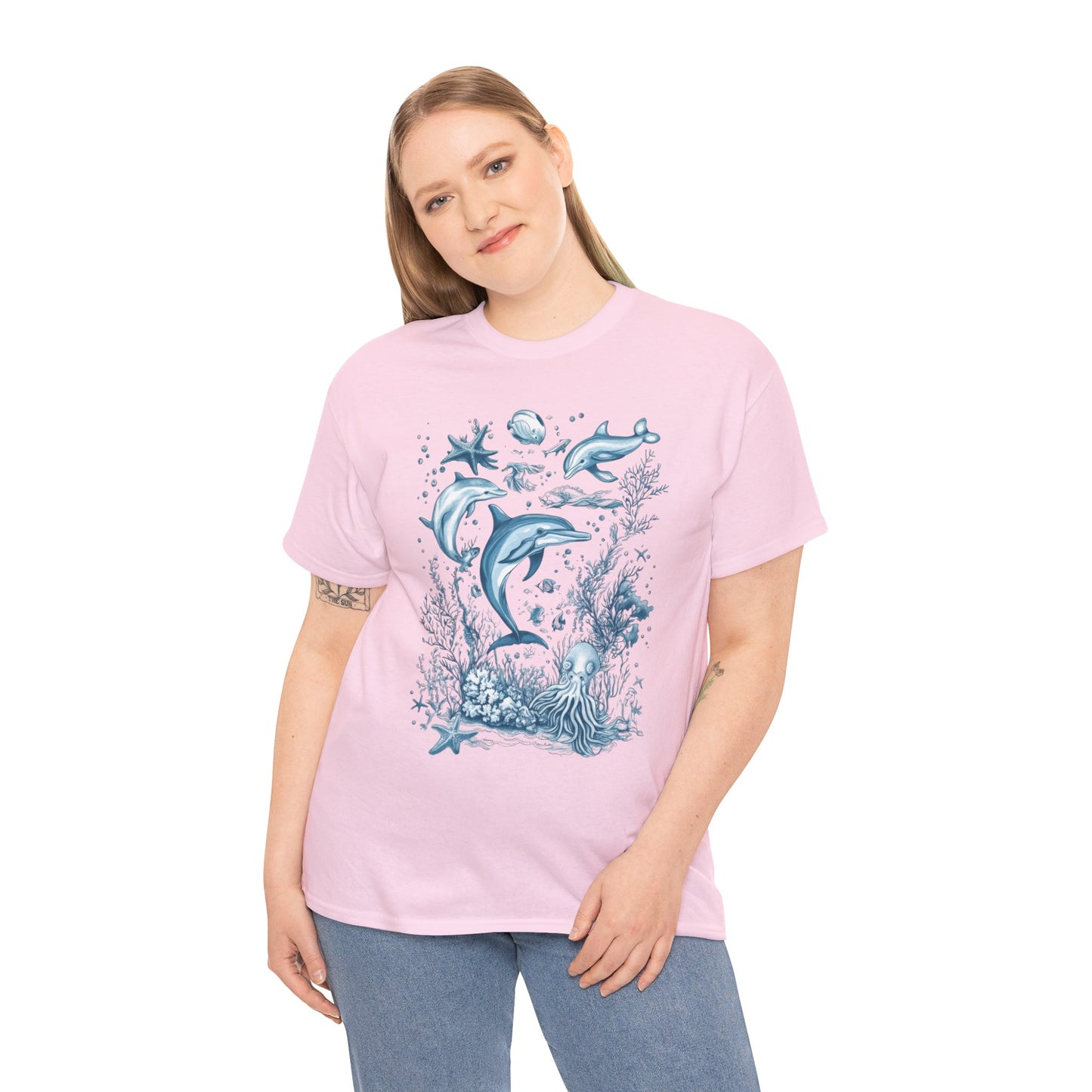 Ocean Life Dolphin T-Shirt, Women's Cotton Tee with Underwater Sea Creatures, Marine Nature Gift Shirt, Perfect for Beach Lovers