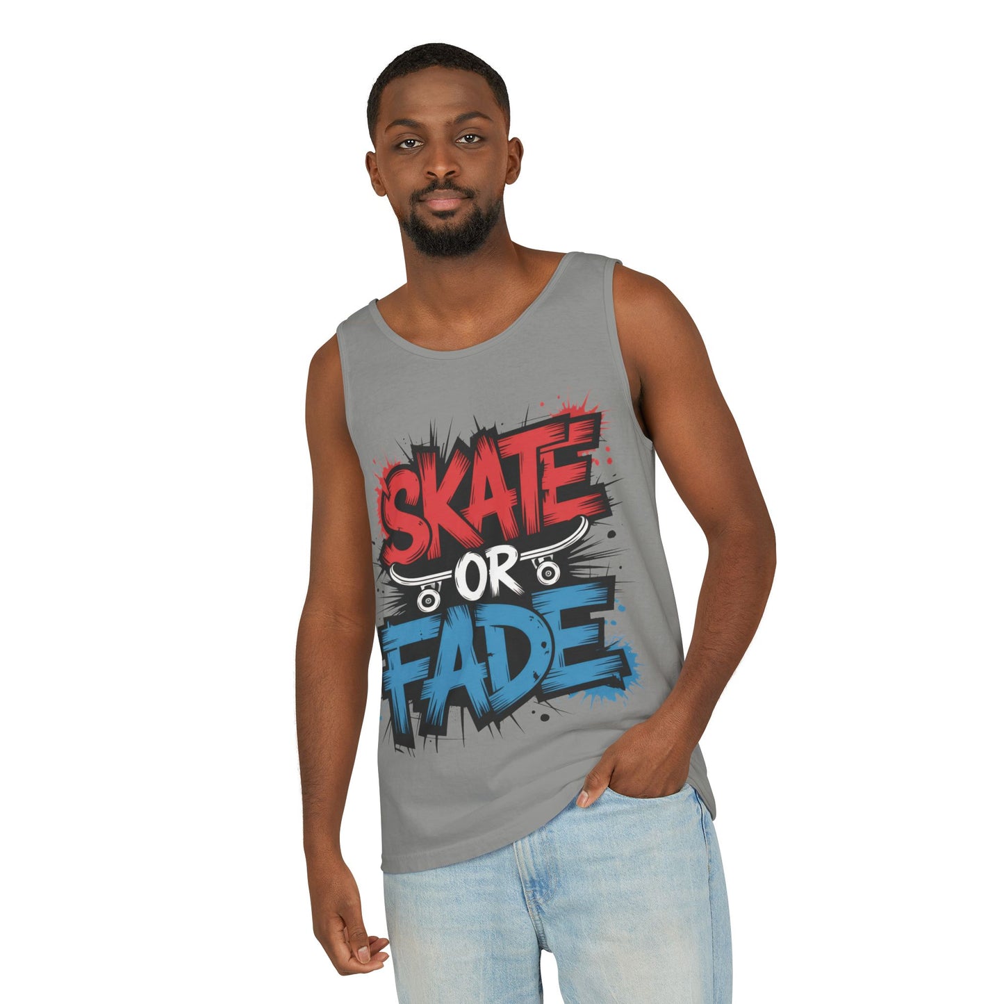 Skate Or Fade Men's Tank Top, Graffiti Skateboard Graphic Muscle Shirt, Urban Streetwear Sleeveless Top, Men's Garment-Dyed Tank Top