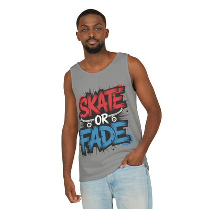 Skate Or Fade Men's Tank Top, Graffiti Skateboard Graphic Muscle Shirt, Urban Streetwear Sleeveless Top, Men's Garment-Dyed Tank Top
