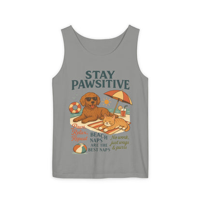 Stay Pawsitive Womens Tank, Cute Dog & Cat Beach Tee, Summer Pet Lover Tee, Animal Graphic Heavy Cotton Tee, Fun Pet Lovers Gift, Summer Top