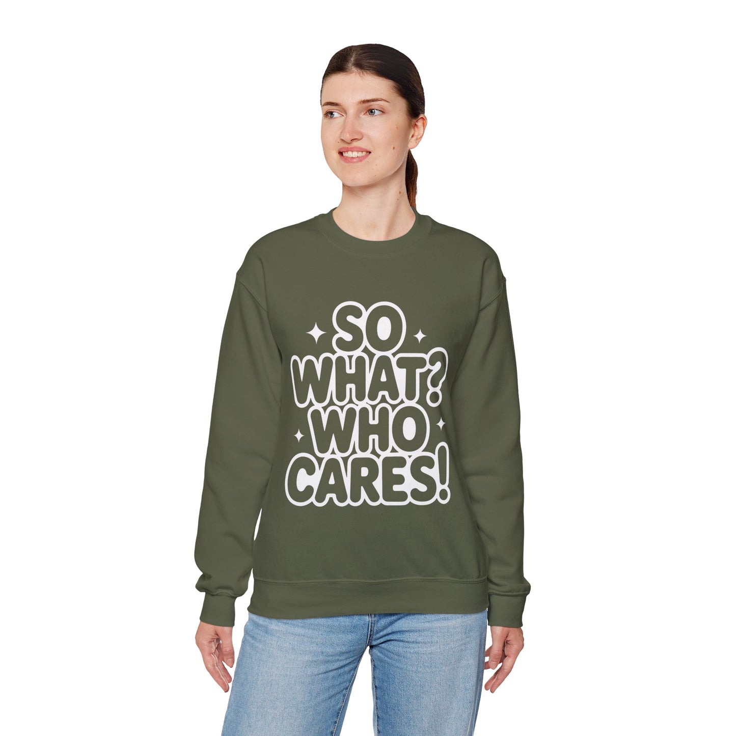 Trendy Womens Crewneck Sweatshirt with 'So What? Who Cares!' Print, Funny Typography Sweater, Sassy Graphic Sweater for Women